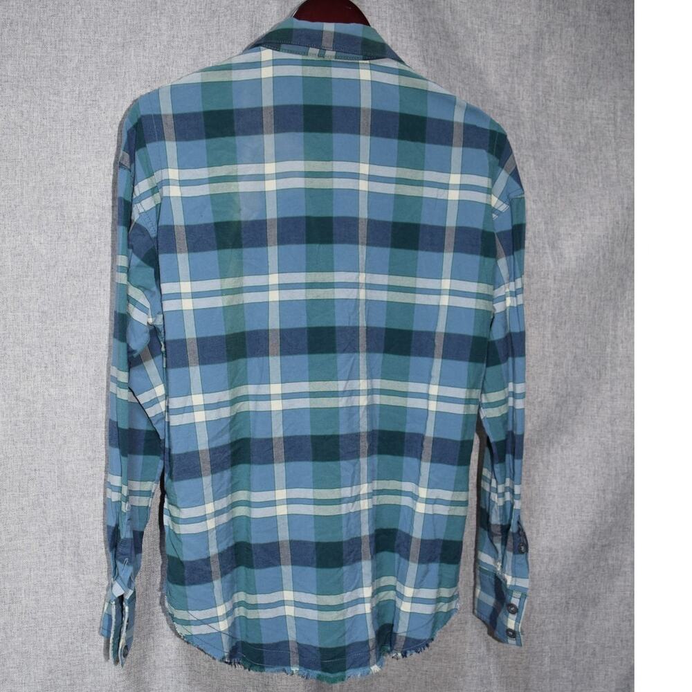 Free People Blue Plaid Raw Hem Button Front Shirt Womens Medium - Picture 3 of 3